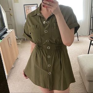 NWOT Never Worn Zara Button Up Olive Green Shirt Dress M 100% cotton Metal Army